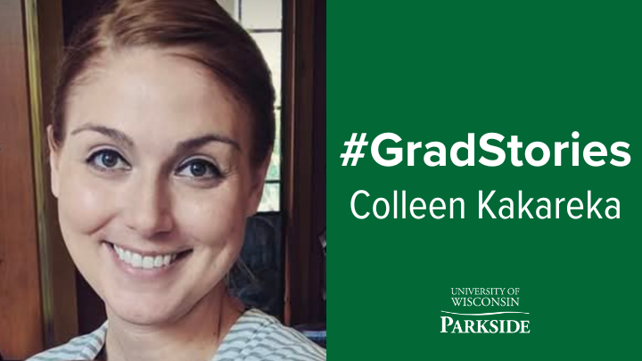 The image is split between a photo and text. On the left side of the image there is a headshot of a smiling woman. On the right side of the image text over a green background reads hashtag Grad Stories Colleen Kakareka