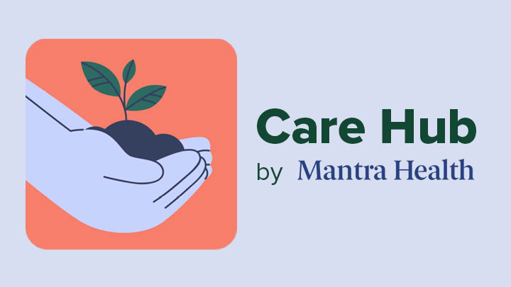 image of a hand with a plant illustration and text Care Hub