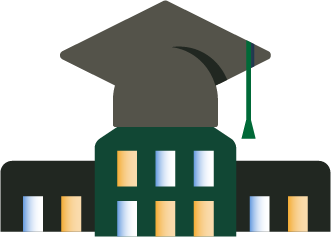 Image of a higher ed building with a grad cap on top