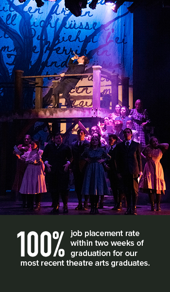 100% job placement rate within two weeks of graduation for our most recent theatre arts graduates. Image of a performance with dramatic lighting, multiple cast members and a lead performer singing