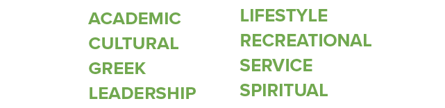 Clubs and Organizations Academic, Cultural, Greek, Leadership, Lifestyle, Recreational, Service, Spiritual